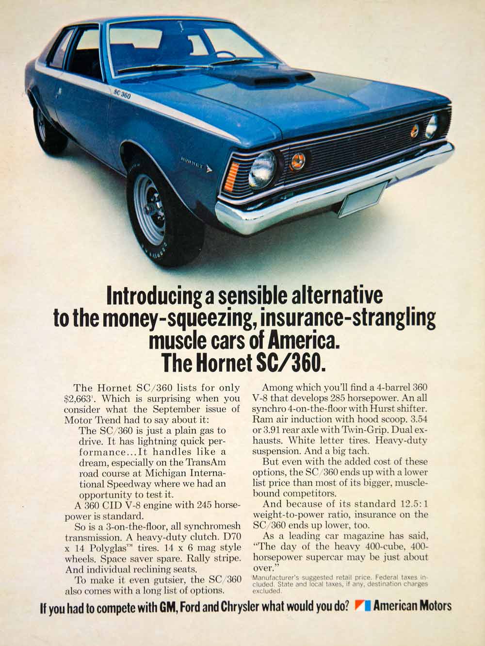 1970 Ad 1971 AMC Hornet SC/360 2 Door Coupe Muscle Car Automobile YCD8