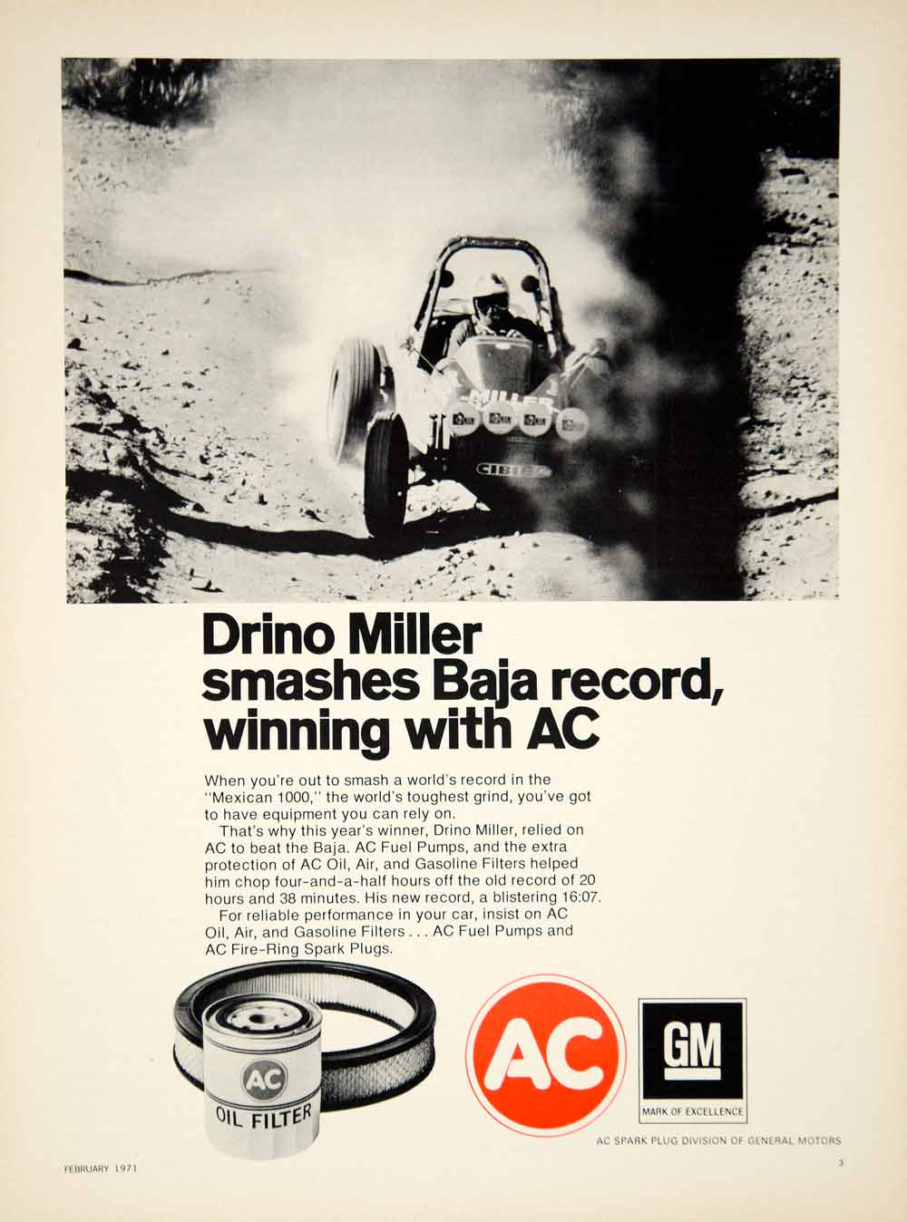 1971 Ad GM AC Spark Plug Oil Filter Car Part Mexican 1000 Baja Race Drino YCD8