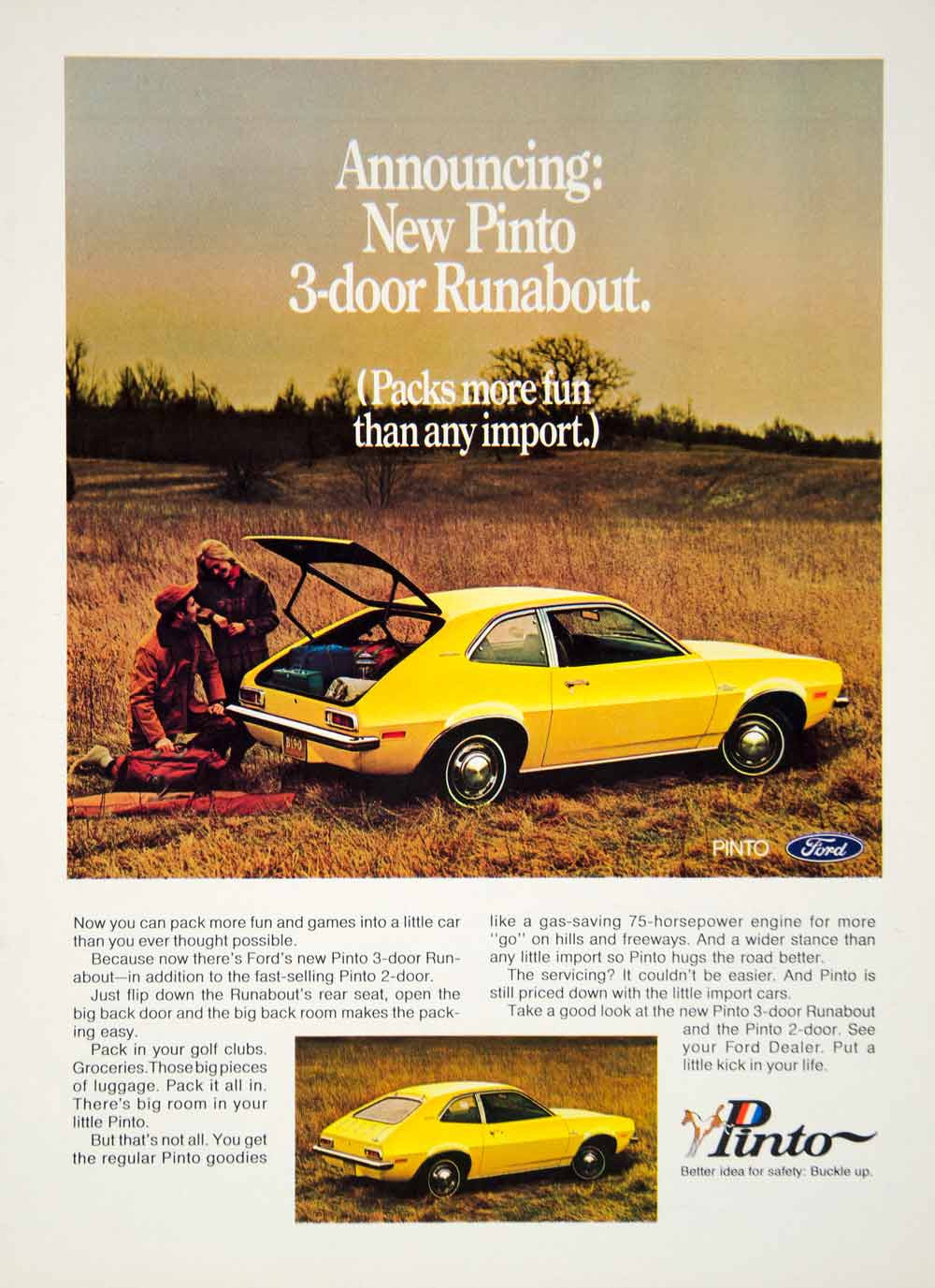 1971 Ad Ford Pinto 3 Door Runabout Hatchback Subcompact Car Camping YCD8 - Period Paper
