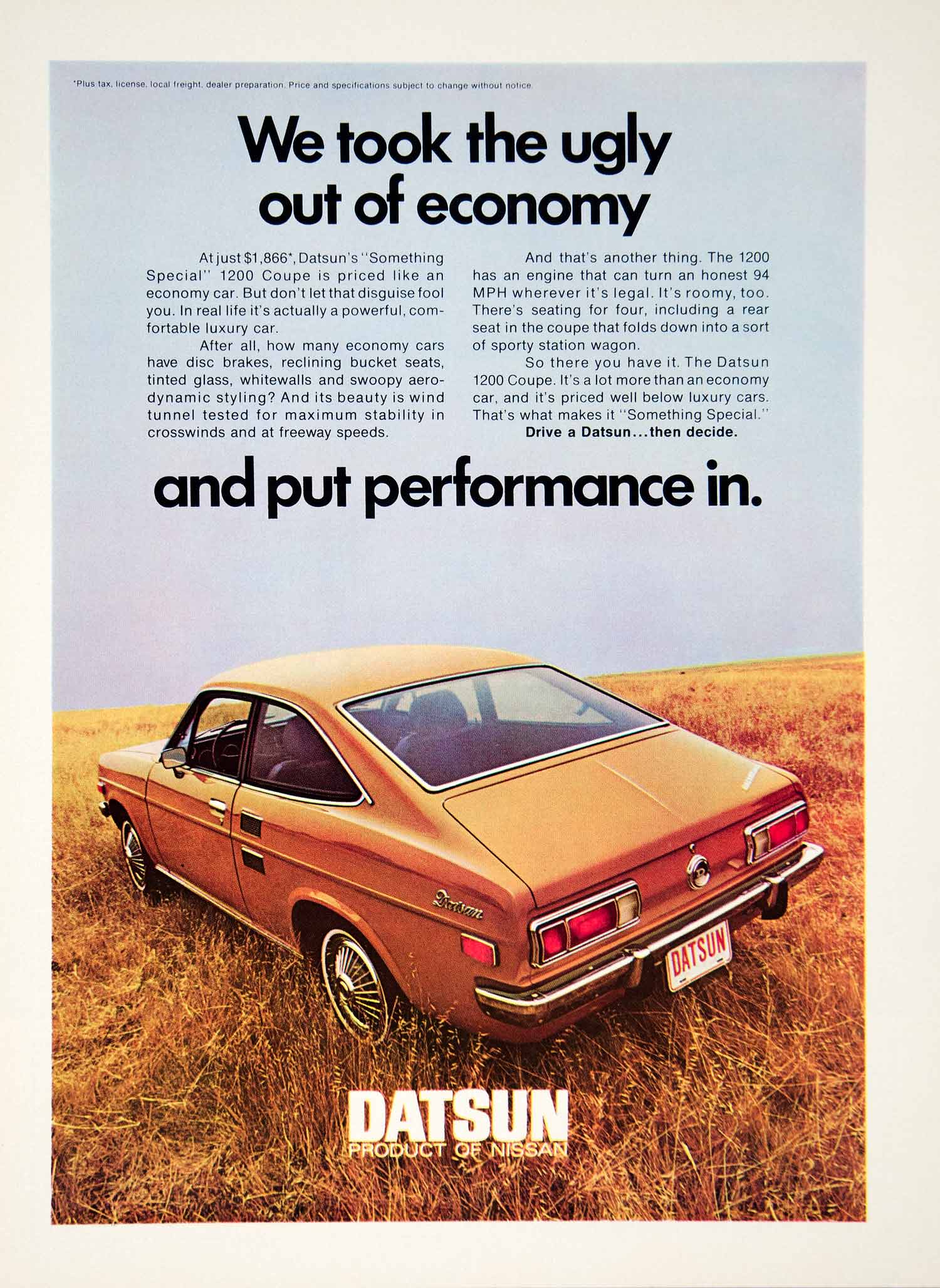 1971 Ad Datsun Nissan 1200 2 Door Coupe Compact Car Ugly Economy Automobile YCD8