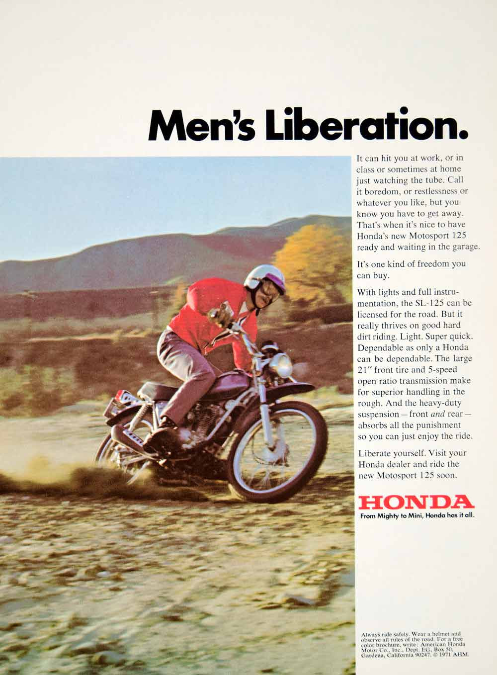 1971 Ad Honda SL125 Motorsport Classic Motorcycle Mens Liberation YCD8