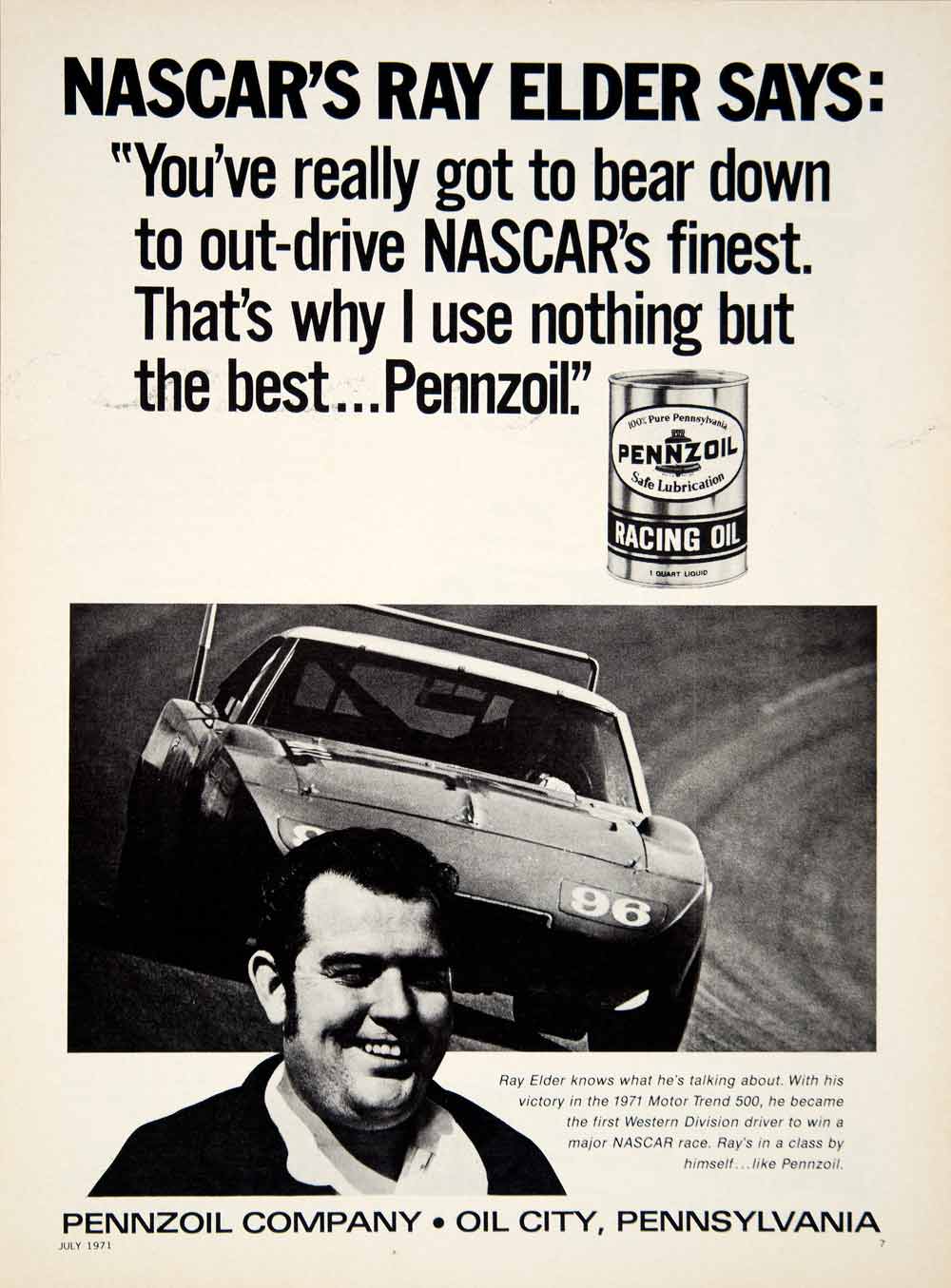 1971 Ad Pennzoil Racing Motor Oil Automotive Ray Elder NASCAR Motor Trend YCD8
