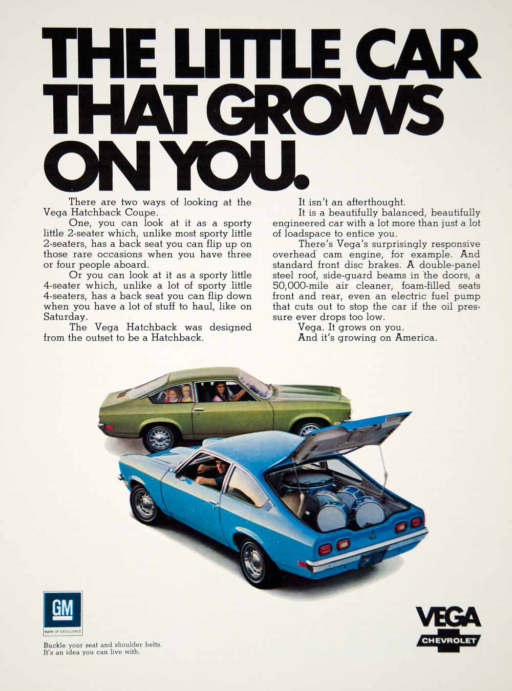 1971 Ad GM Chevrolet Vega 2 Door Subcompact Hatchback Coupe Car Green Blue YCD8