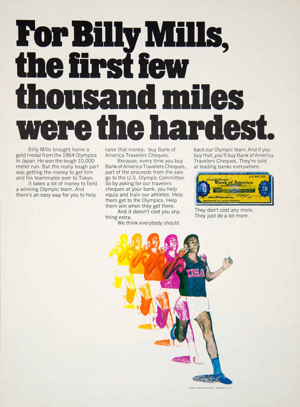 1971 Ad Billy Mills Athlete 1964 Olympics Runner Bank America Travelers YCD8