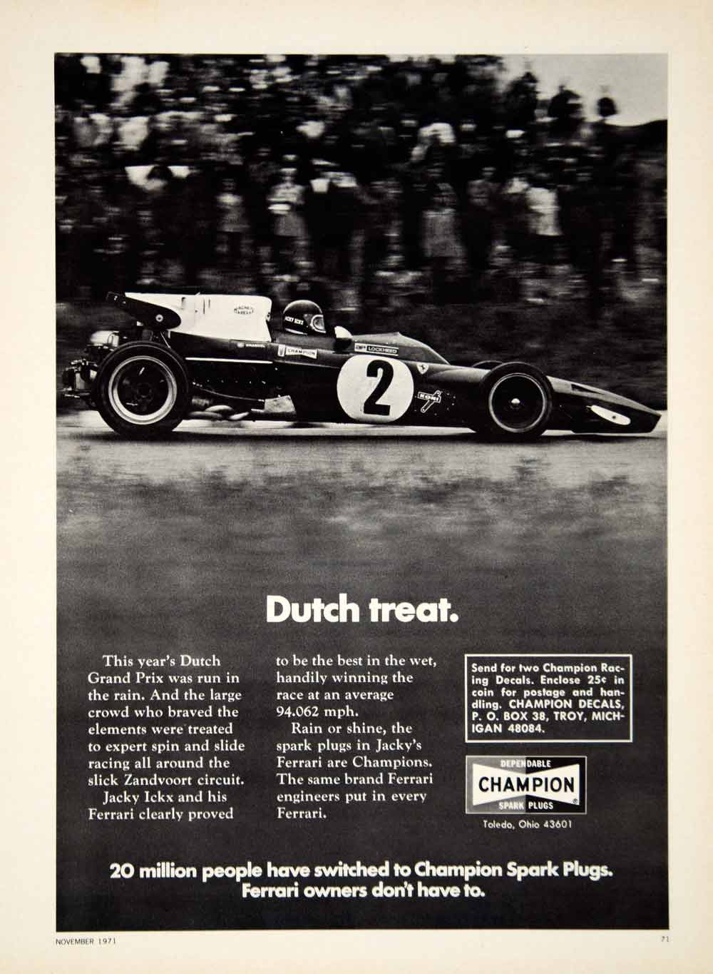 1971 Ad Champion Spark Plugs Auto Parts Dutch Treat Grand Prix Indy Car YCD8