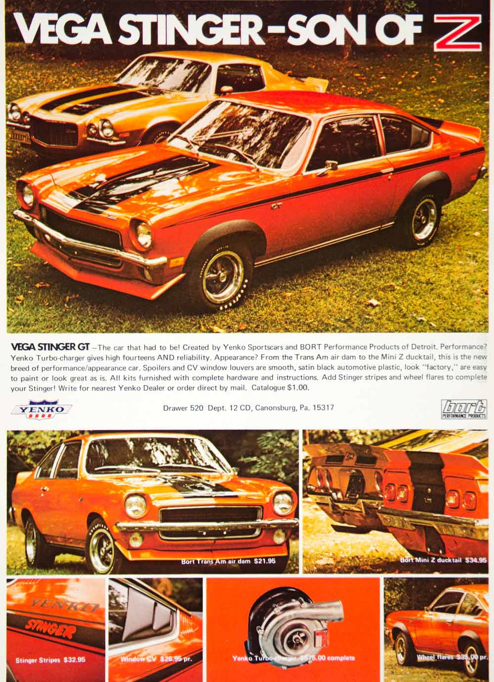 1971 Ad Yenko Bort Vega Stinger GT Sports Car Body Kit Mini Z Ducktail YCD8 - Period Paper
