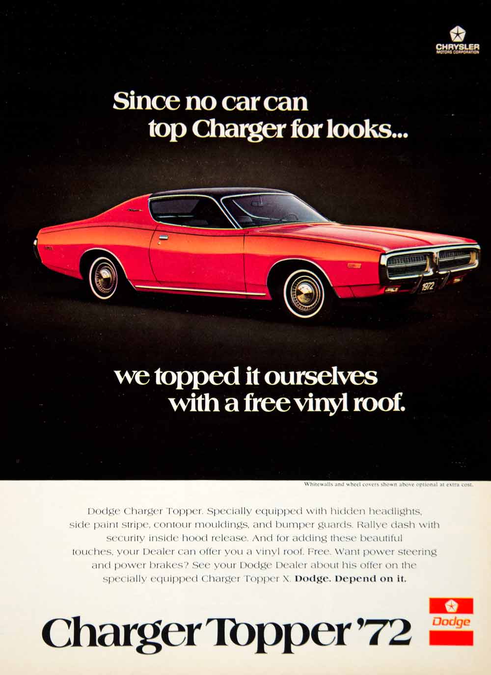 1972 Ad Chrysler Dodge Charger 2 Door Hardtop Muscle Car Collector YCD8