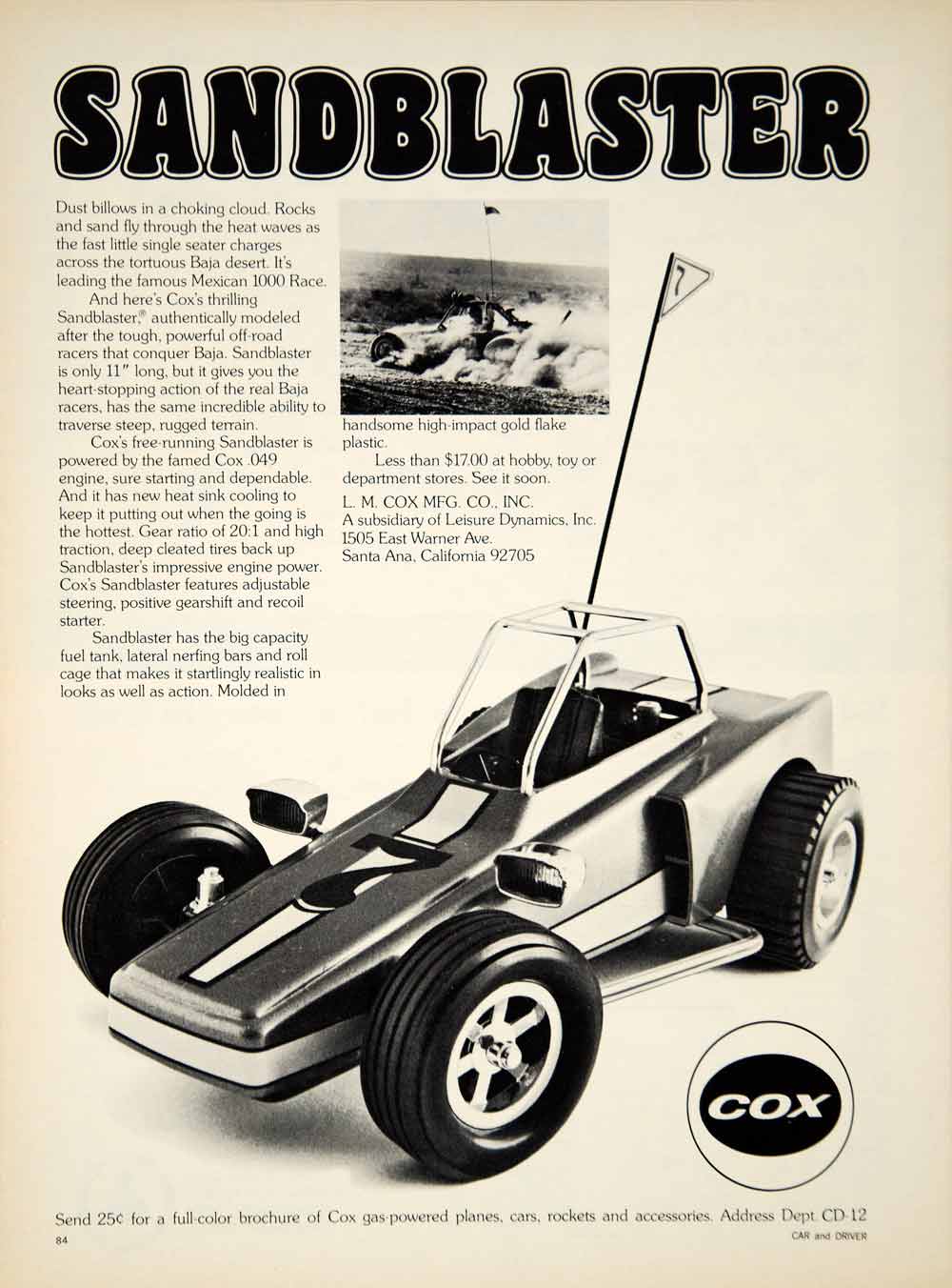 1972 Ad L M Cox Manufacturing Co. Hobby Car Sandblaster Dune Buggy YCD8