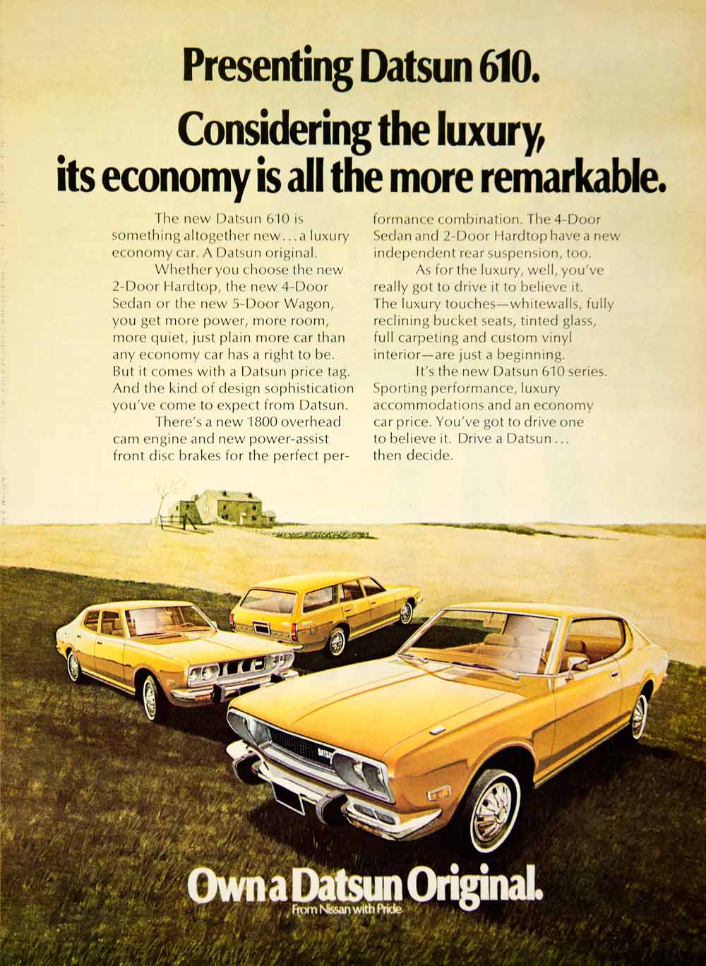 1972 Ad Datsun 610 Hardtop Sedan Wagon Yellow Car Automobile Landscape YCD8