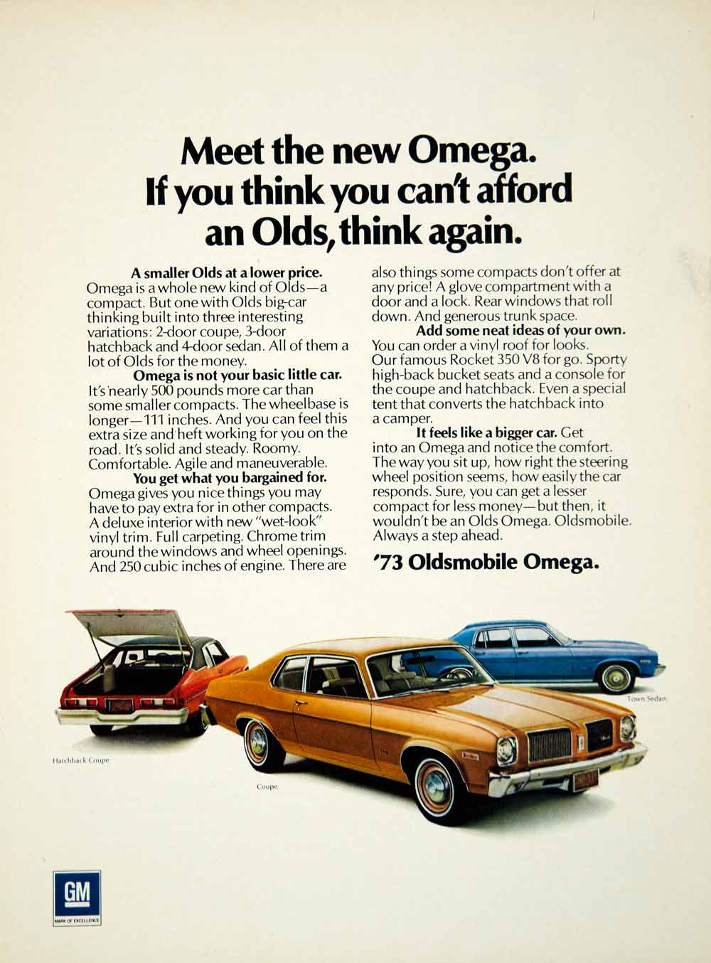 1973 Ad Oldsmobile Omega GM 2 Door Hatchback Coupe Car 250 CID 4.1L I6 YCD9