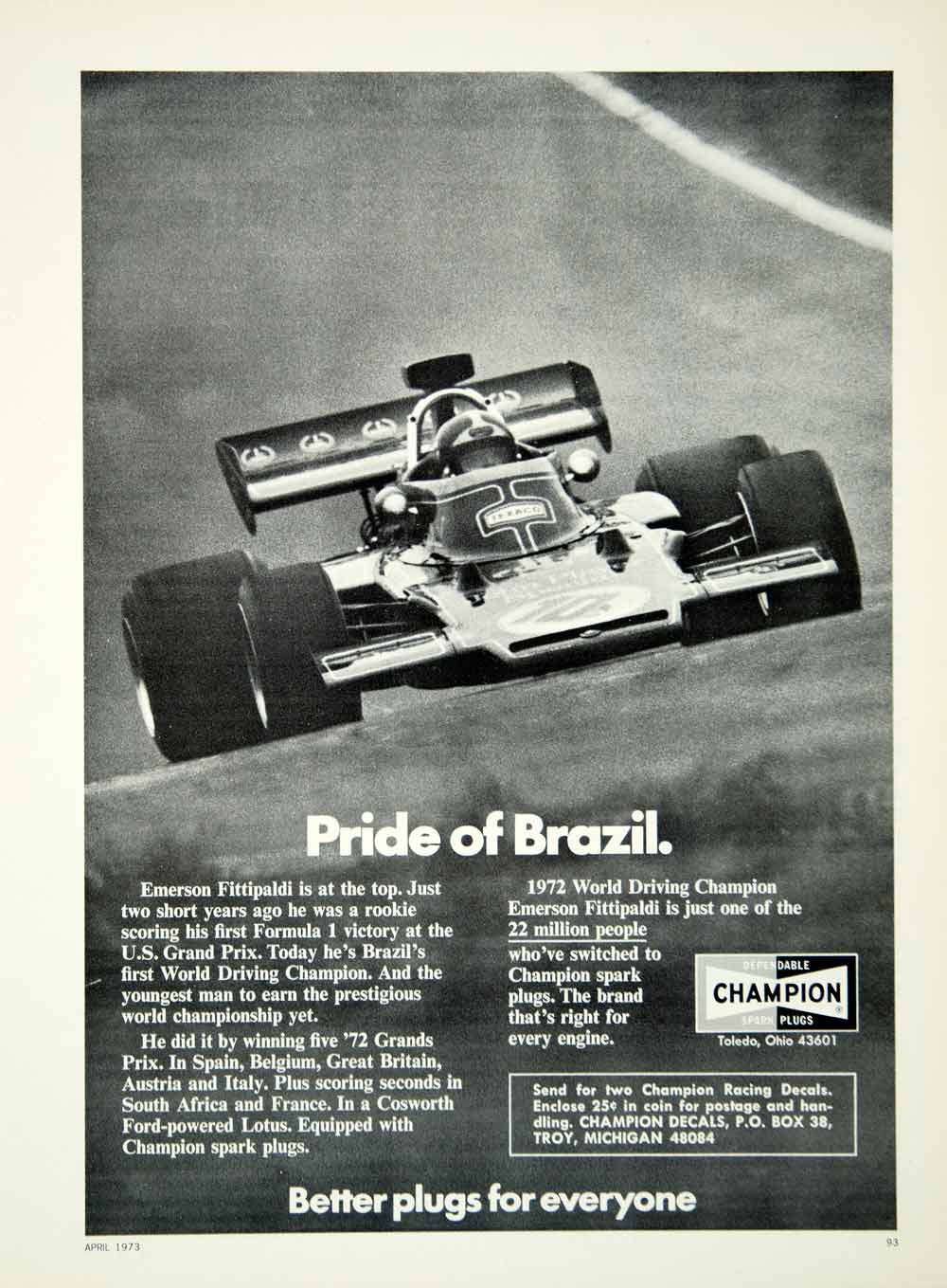 1973 Ad Champion Spark Plugs Pride Brazil Emerson Fittipaldi F1 Race Car YCD9