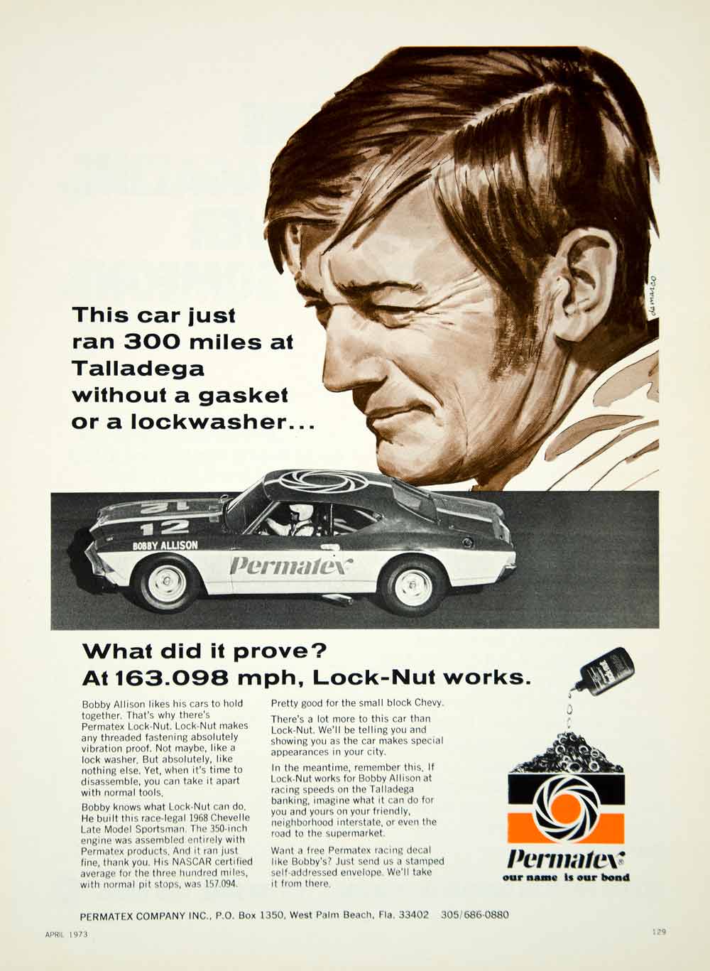 1973 Ad Permatex Lock Nut Bobby Allison Race NASCAR Driver Engine YCD9