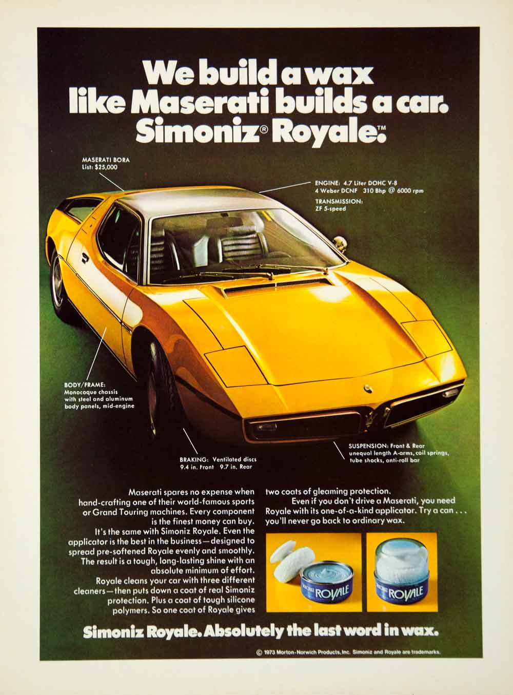 1973 Ad Simoniz Royale Wax Polish Applicator Maserati Bora 2Door Sports Car YCD9