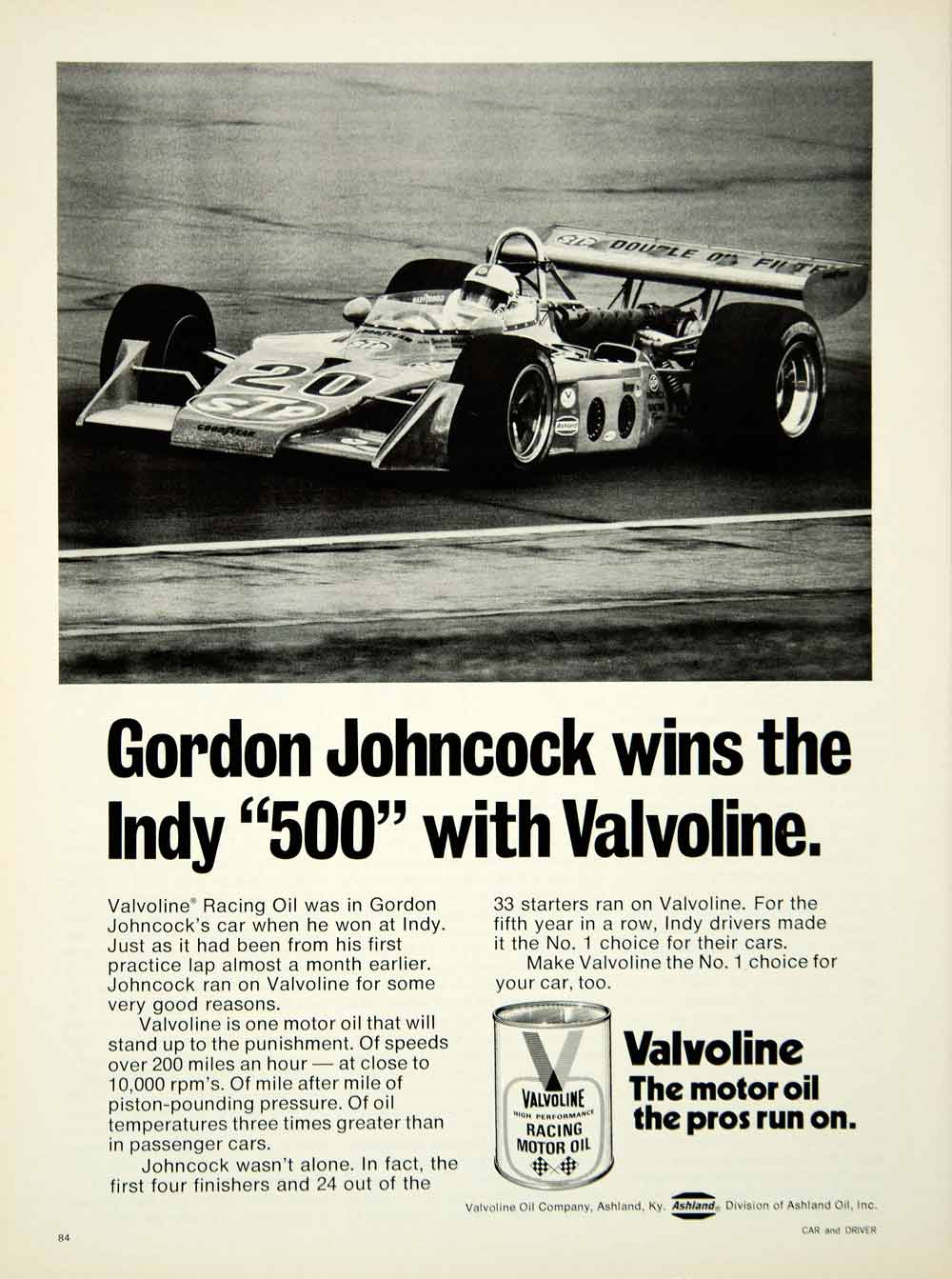 1973 Ad Valvoline Motor Oil Gordon Johncock Formula One Race Car Driver YCD9