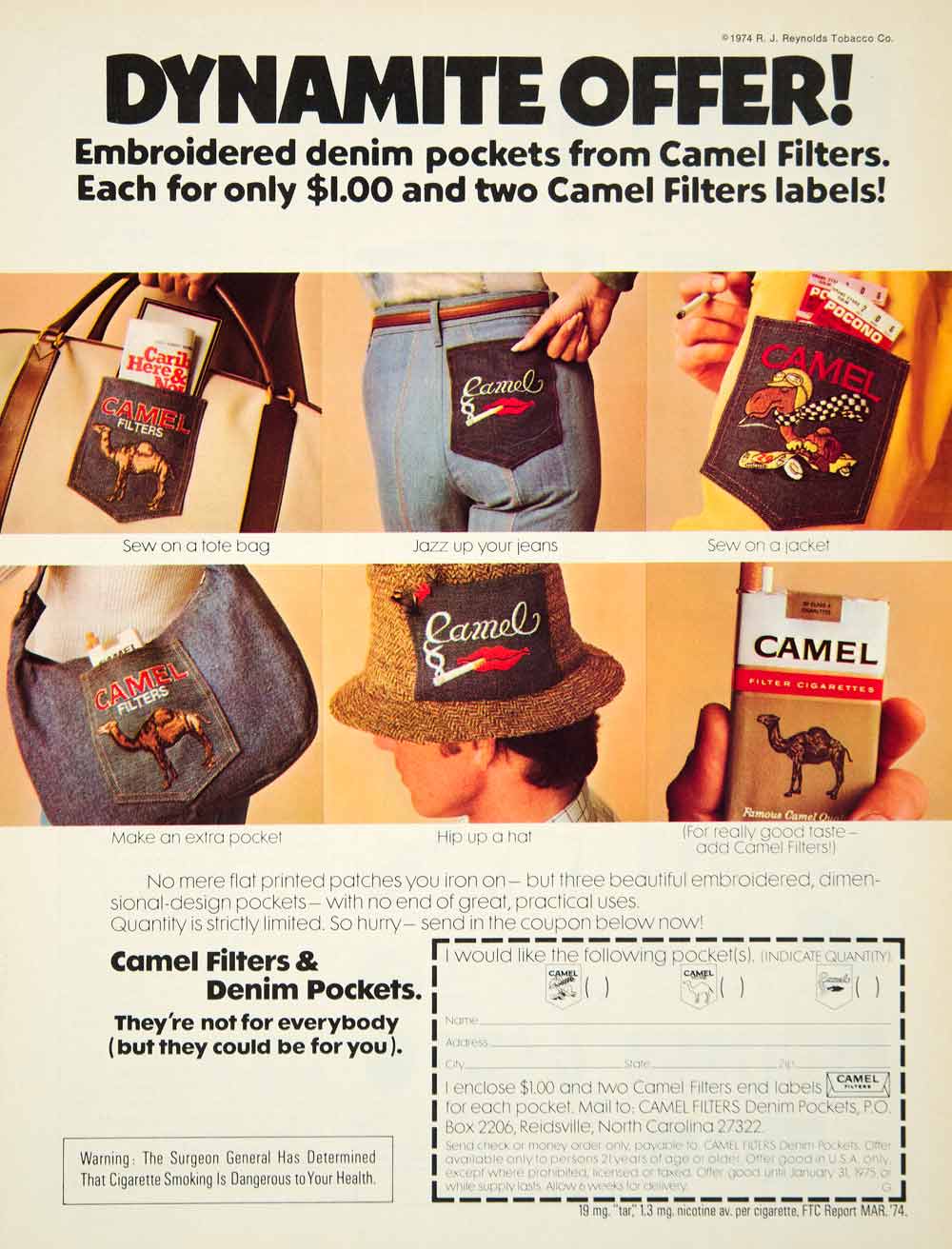 1974 Ad Camel Filters Cigarettes Embroidered Denim Pocket Tobacco Smoking YCD9
