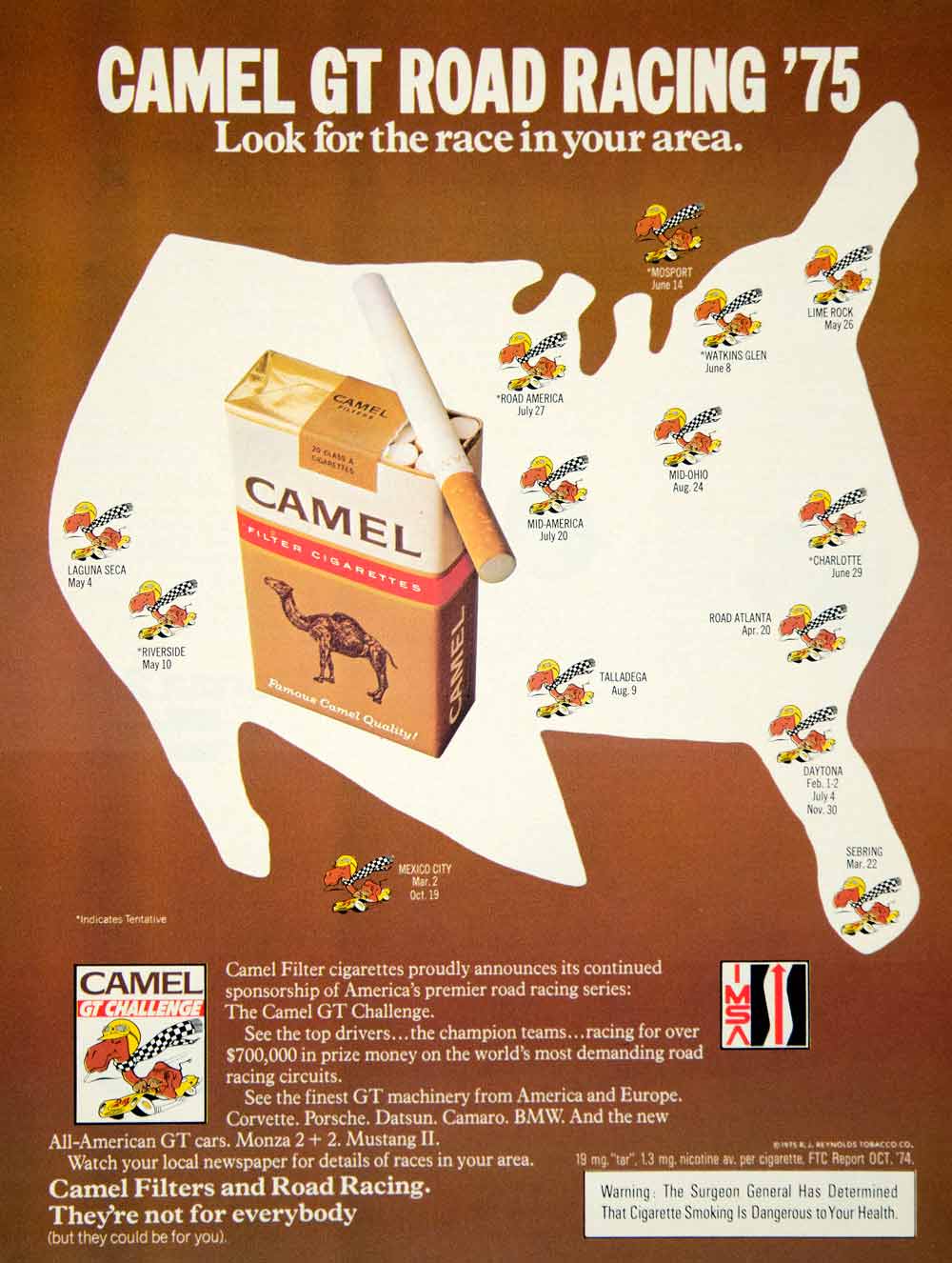 1975 Ad Camel Filter Cigarettes GT Road Racing Challenge Sponsorship YCD9