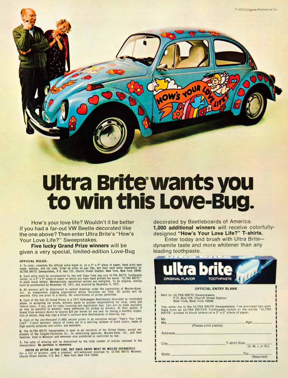1975 Ad Ultra Brite Toothpaste Contest Love Bug Volkswagen Grand Prize Win YCD9
