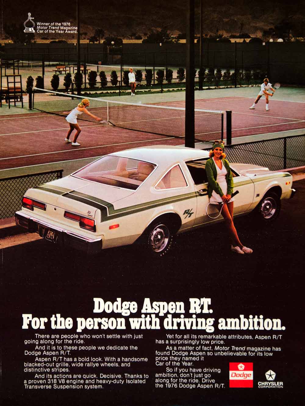 1976 Ad Dodge Aspen R/T 2 Door Compact Coupe Car Tennis Court Driving YCD9