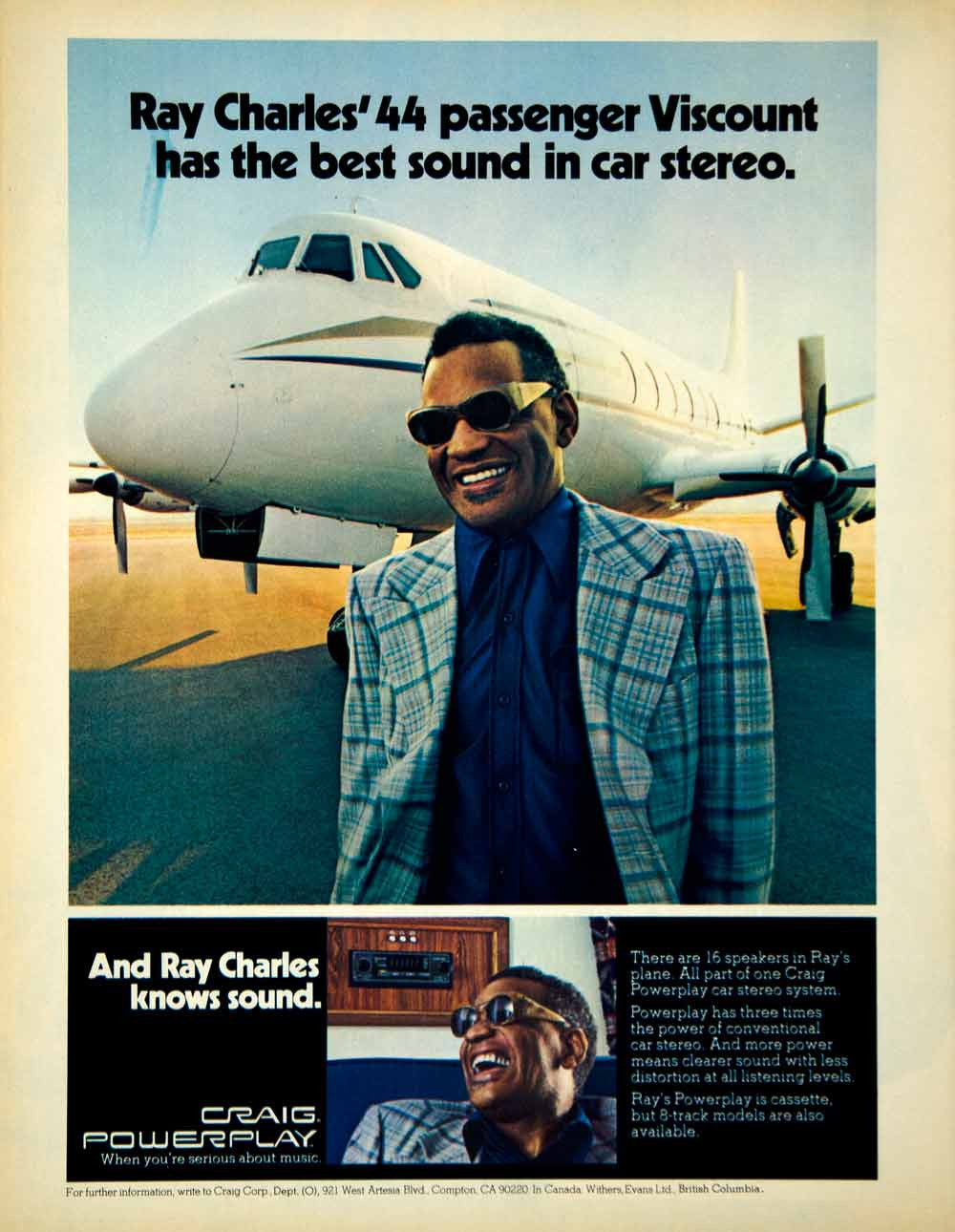 1976 Ad Ray Charles 1944 Viscount Passenger Plane Car Stereo Craig YCD9