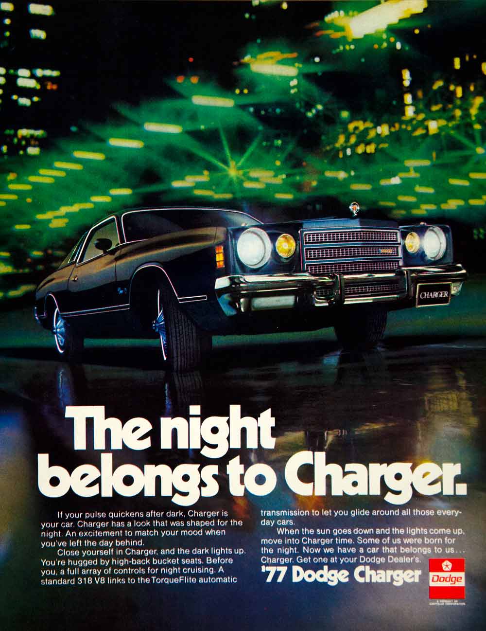 1976 Ad 1977 Dodge Charger 2 Door Coupe Mid Size Car Luxury Night Belong YCD9
