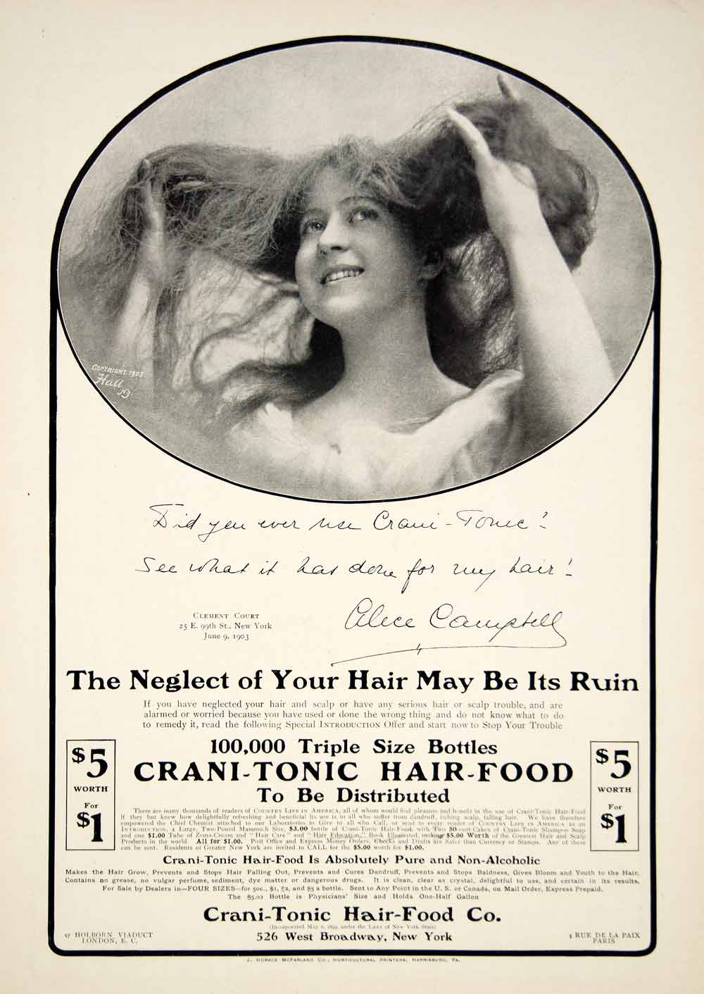 1903 Ad Crani-Tonic Hair Food Health Beauty Alice Campbell 526 W Broadway YCL2