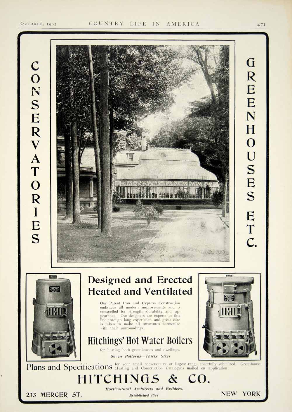 1903 Ad Hitchings Hot Water Boilers Appliance 233 Mercer St NYC Greenhouse YCL2