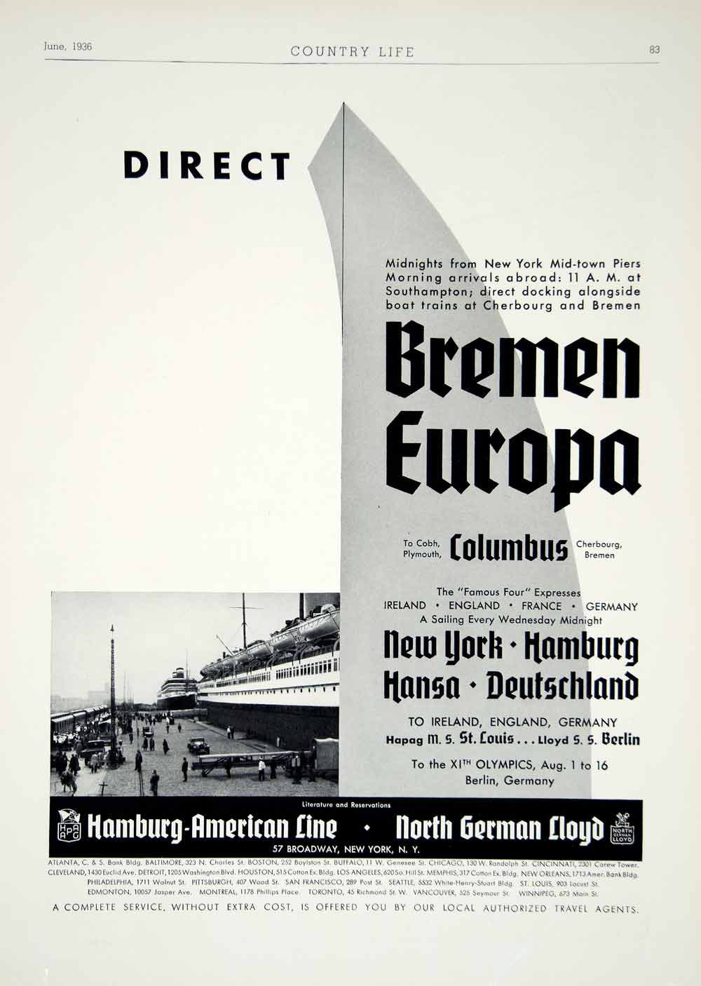 1936 Ad Hamburg-American Line North German Lloyd Cruise Steamship Travel YCL2