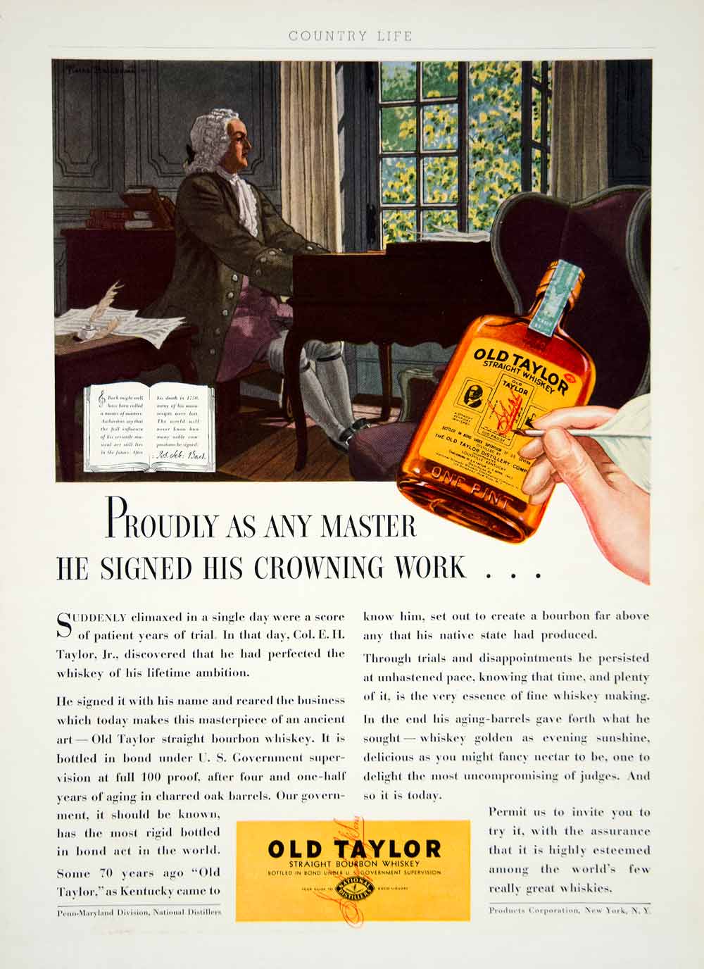 1936 Ad Old Taylor Bourbon Whiskey Liquor Johann Sebastian Bach Composer YCL2
