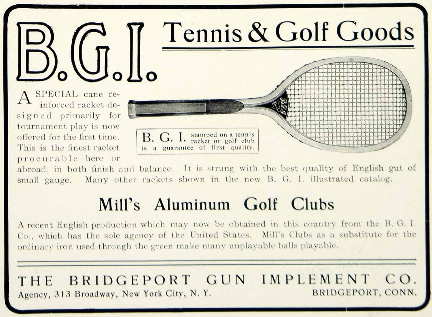 1903 Ad BGI Tennis Racket Mills Aluminum Golf Clubs Sporting Goods Athletic YCL2