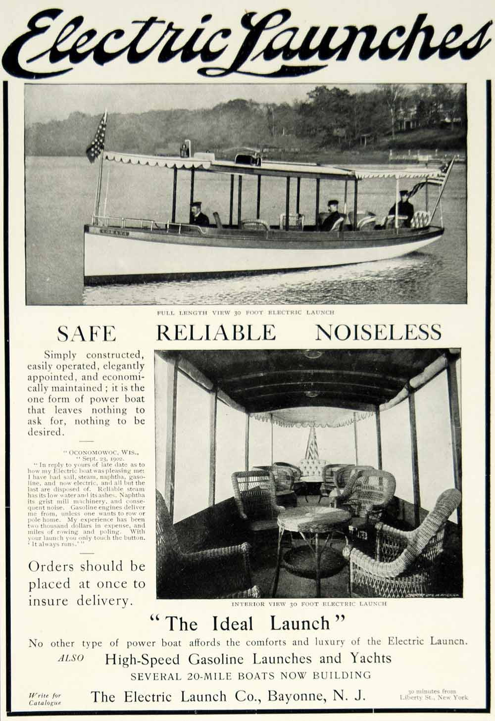1903 Ad Electric Launch Boat Yacht Bayonne NJ Marine Transportation YCL2