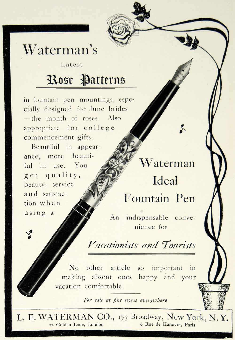 1903 Ad LE Waterman Ideal Fountain Pen Rose Pattern 173 Broadway NYC Art YCL2