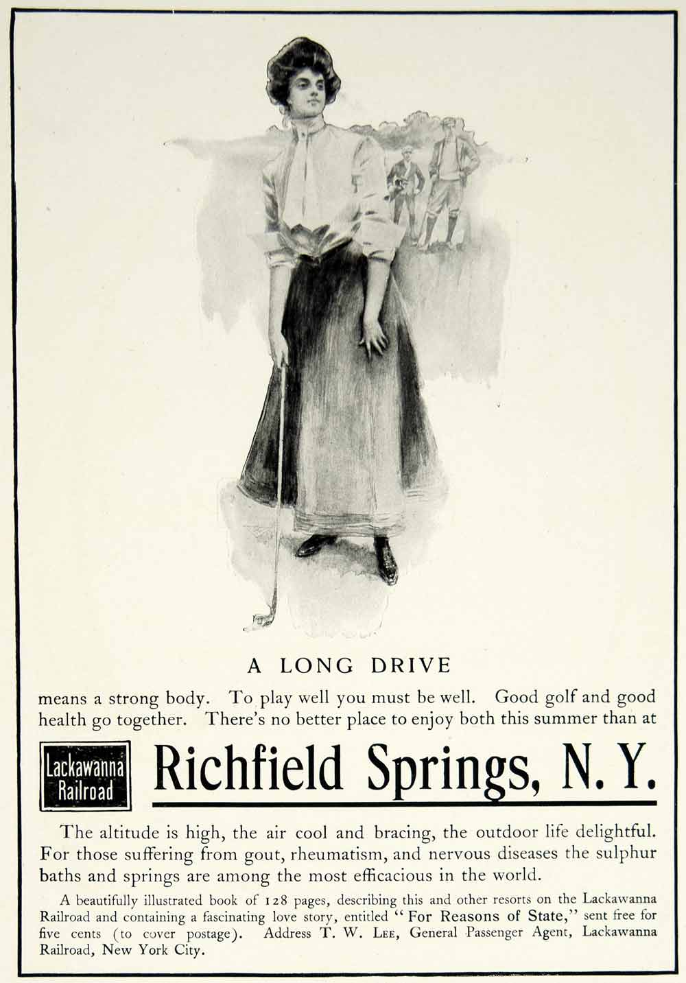 1903 Ad Lackawanna Railroad Woman Golfing Golf Richfield Springs NY Train YCL2