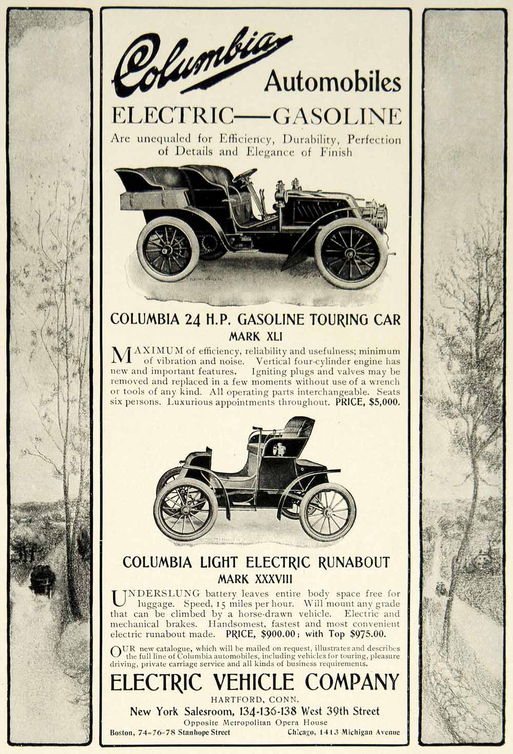 1903 Ad Columbia Electric Vehicle Mark XLI Touring Car XXXVIII Runabout YCL2