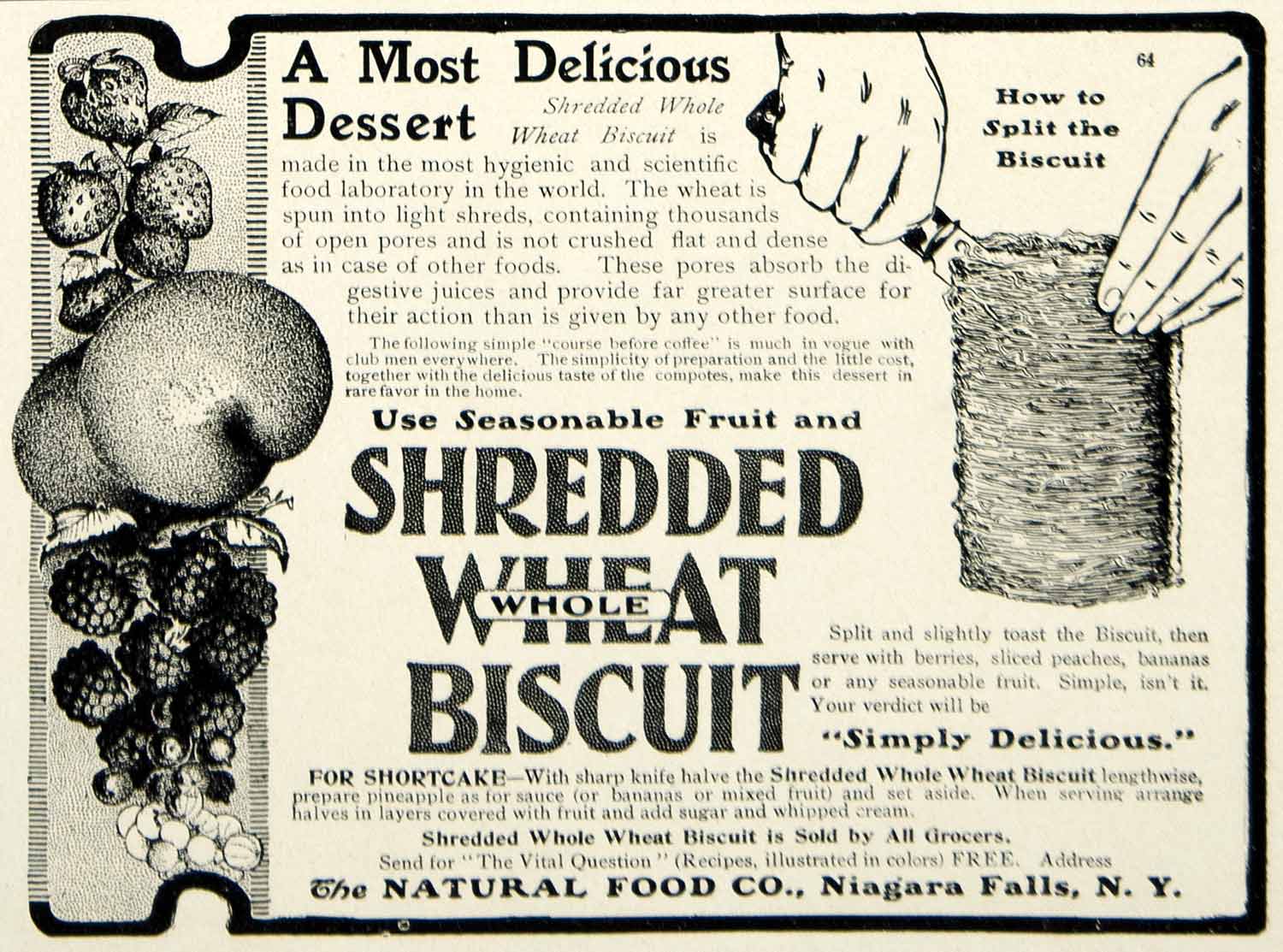 1903 Ad Natural Food Shredded Wheat Biscuit Breakfast Cereal Shortcake YCL2