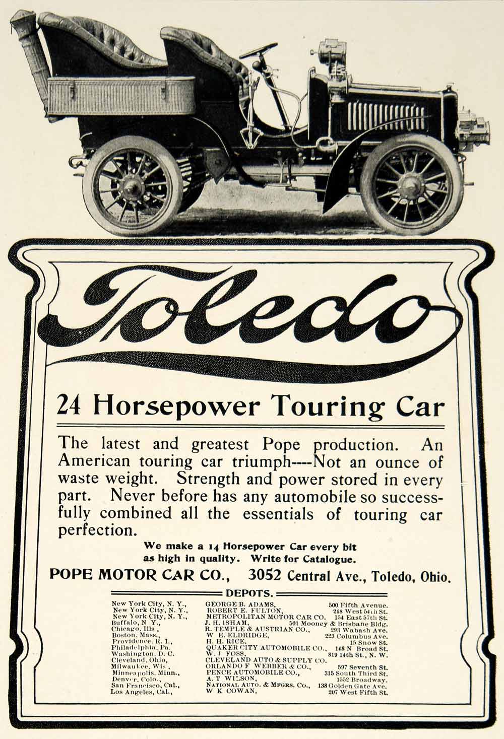 1903 Ad Pope Motor Car Toledo Touring Car Antique Automobile Transportation YCL2