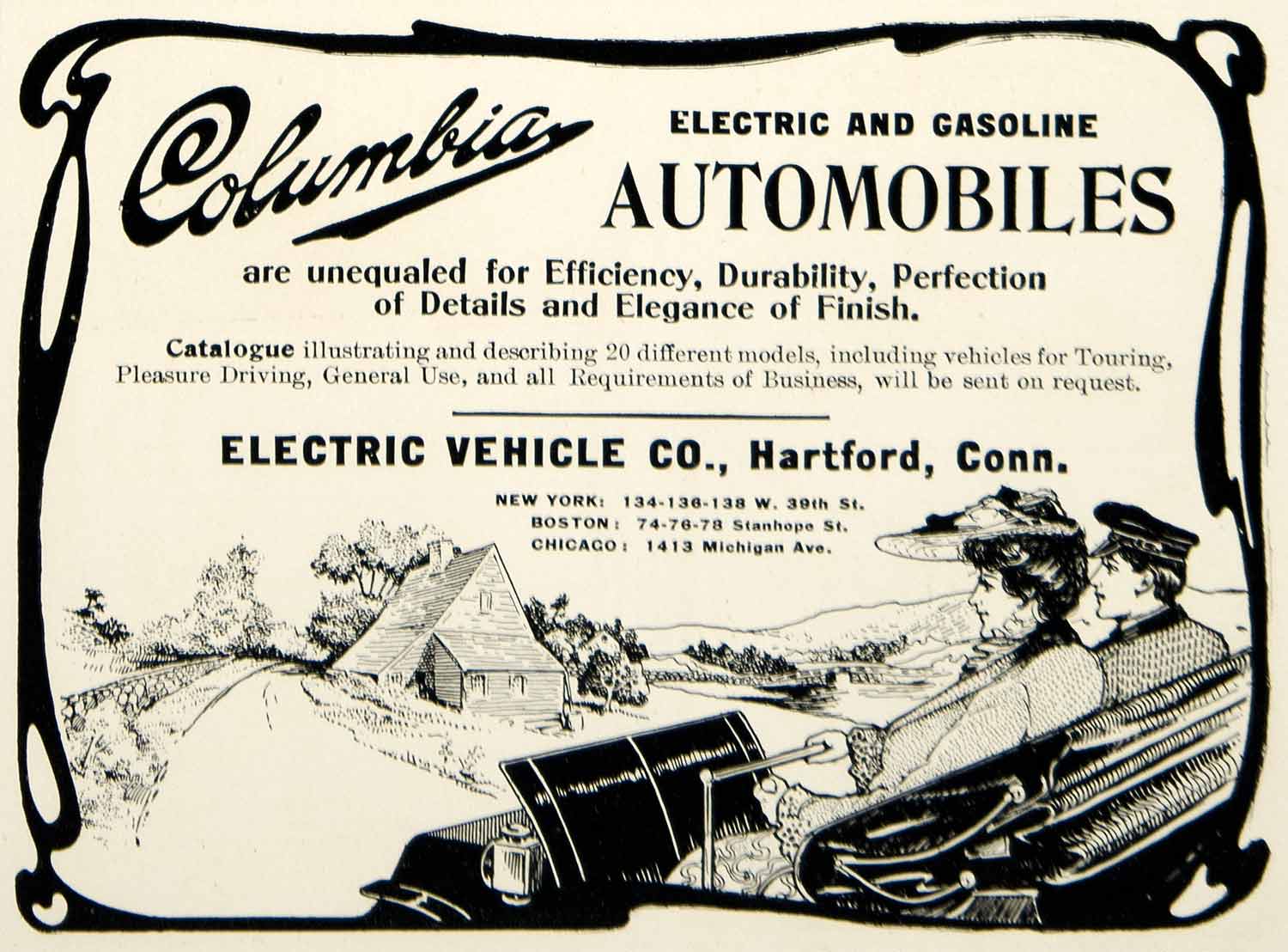 1903 Ad Columbia Electric Vehicle Automobile Antique Car Art Nouveau YCL2