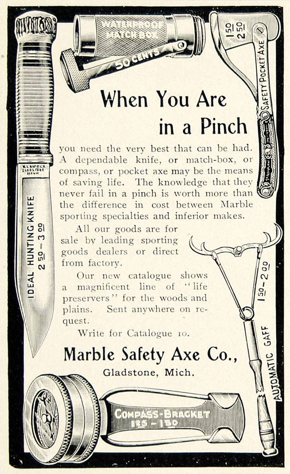 1903 Ad Marble Safety Axe Hunting Fishing Camping Outdoor Sporting Goods YCL2
