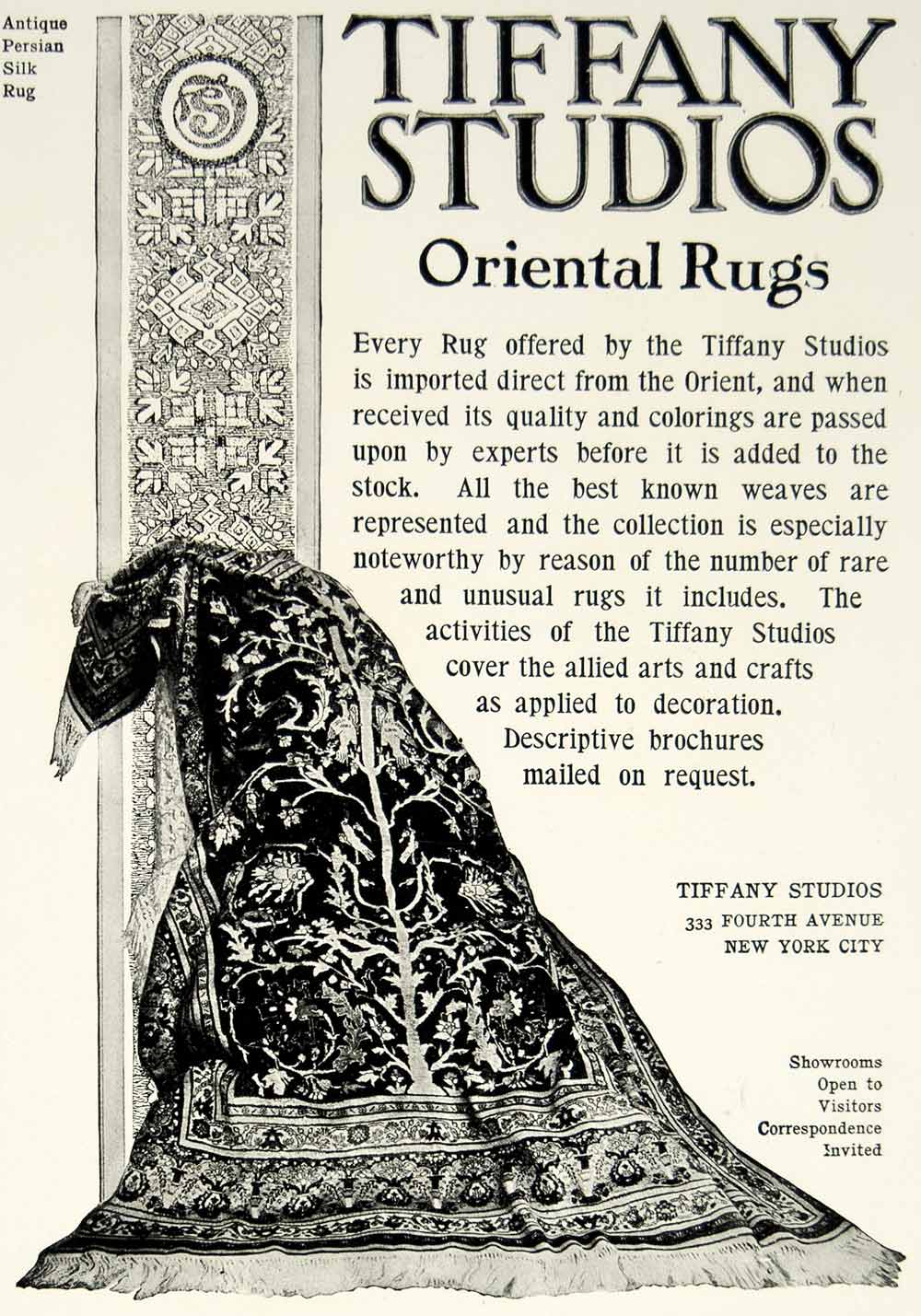 1903 Ad Tiffany Studios Oriental Persian Silk Rug Art Nouveau Home Decor YCL2