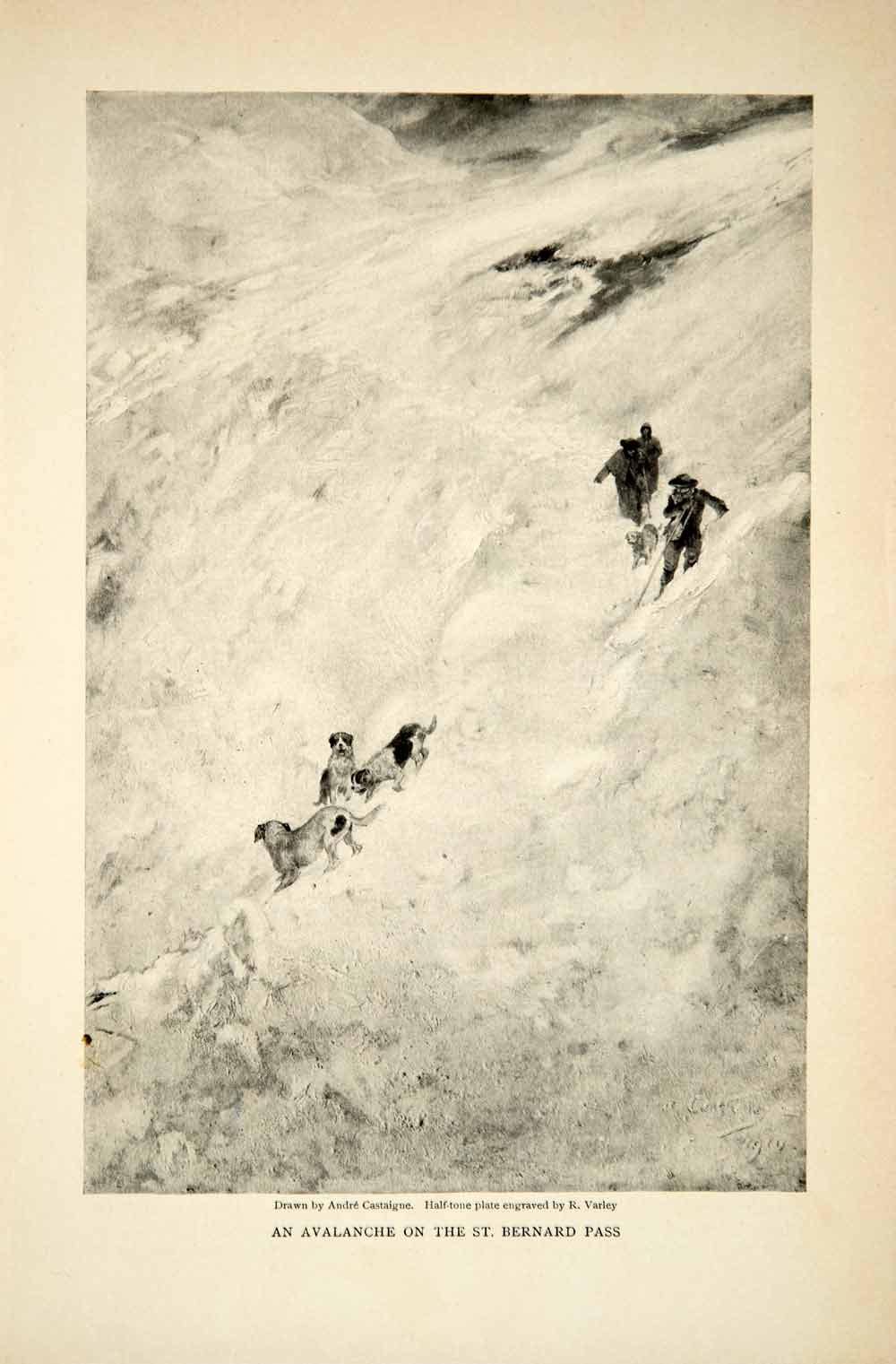 1913 Print Andre Castaigne Art Avalanche St Bernard Pass Alps Mountain Snow YCM1