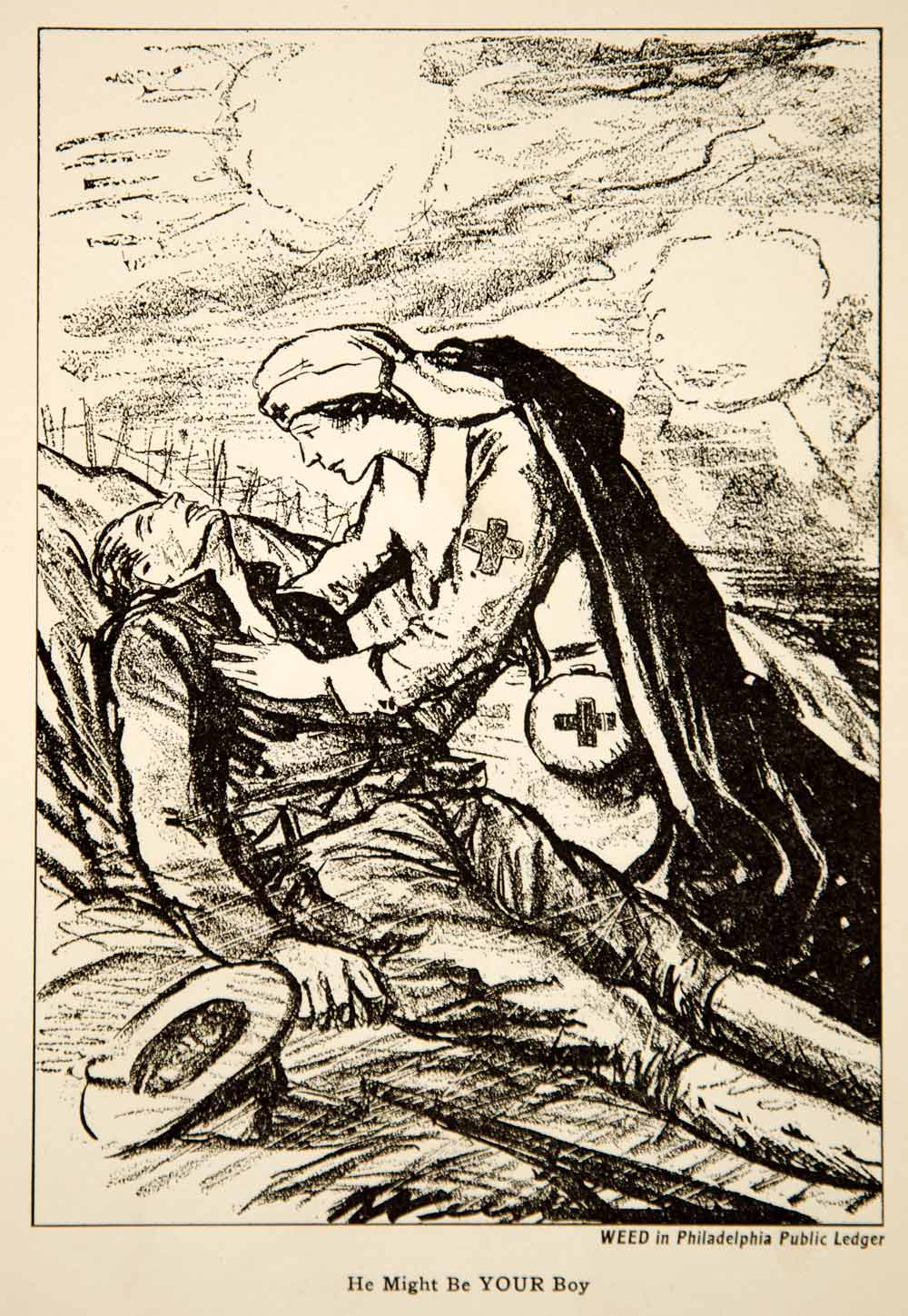 1917 Print WWI Cartoon Clive Weed Red Cross Nurse Wounded Soldier Battlefield