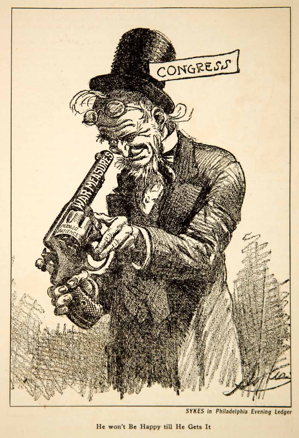 1917 Print WWI Cartoon Charles Henry Sykes War Measures Congress Political Gun