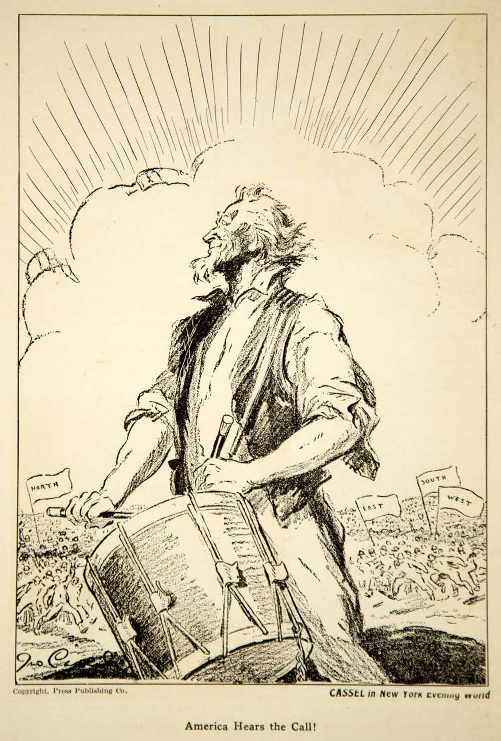 1917 Print WWI Cartoon John H. Cassel Art Uncle Sam Drummer America World War I