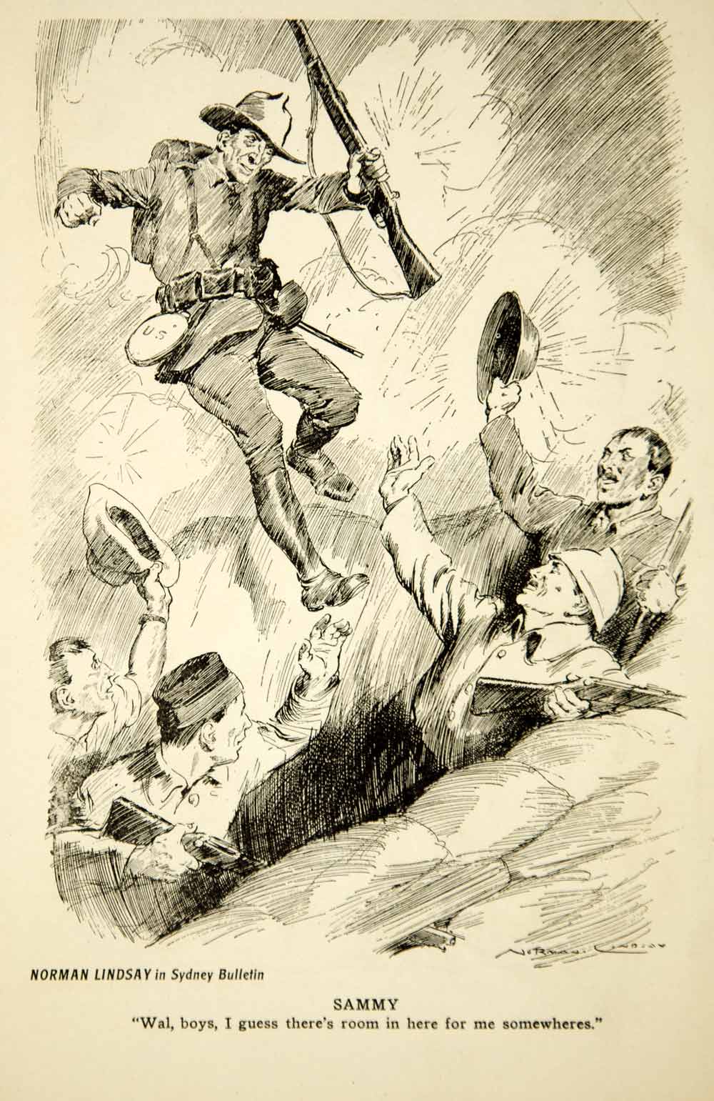 1917 Print World War I Cartoon Norman Lindsay "Sammy" American Soldier Trenches