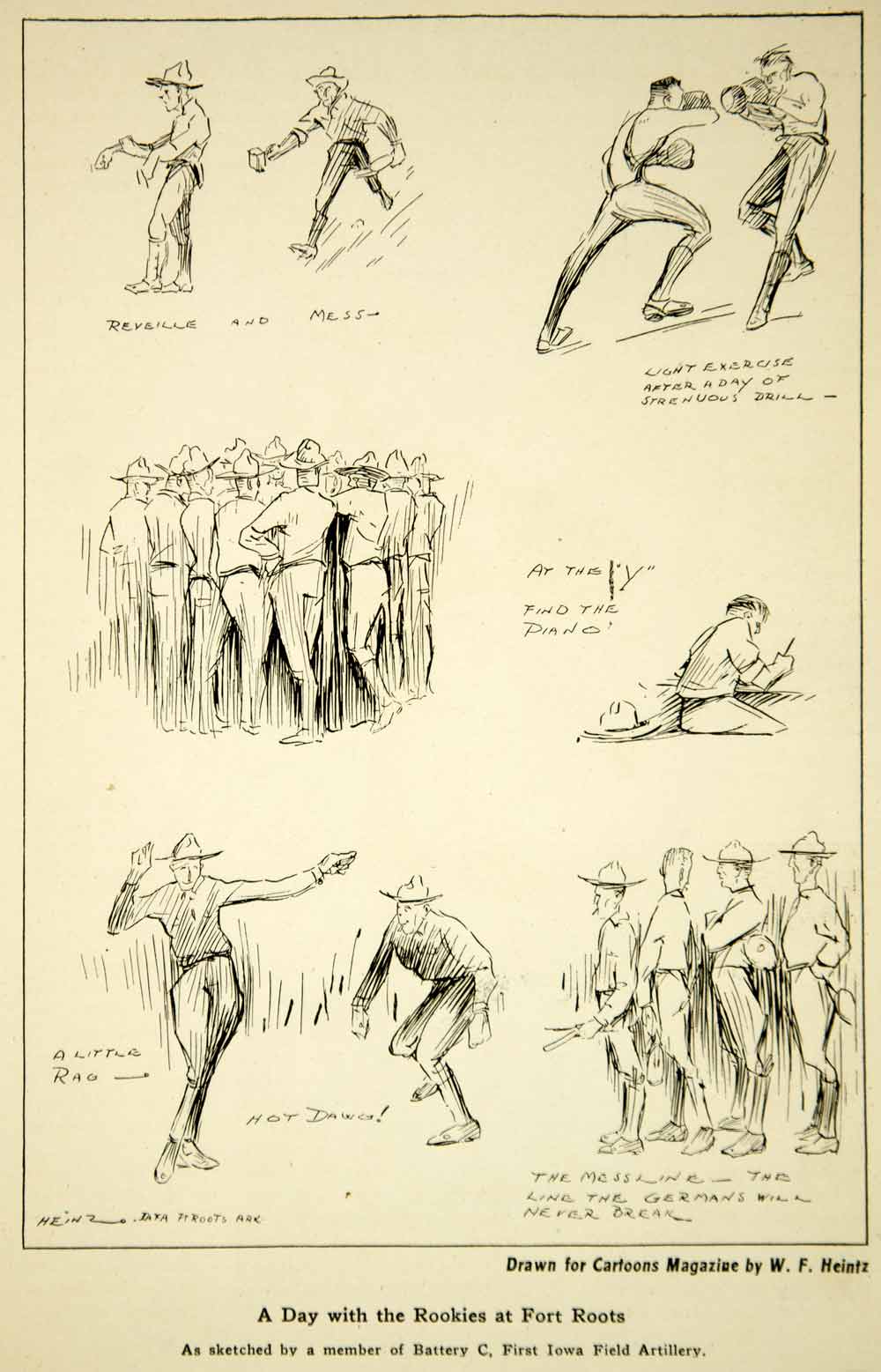 1917 Print World War I Cartoon Fort Roots Training Camp Soldiers W. F. Heintz