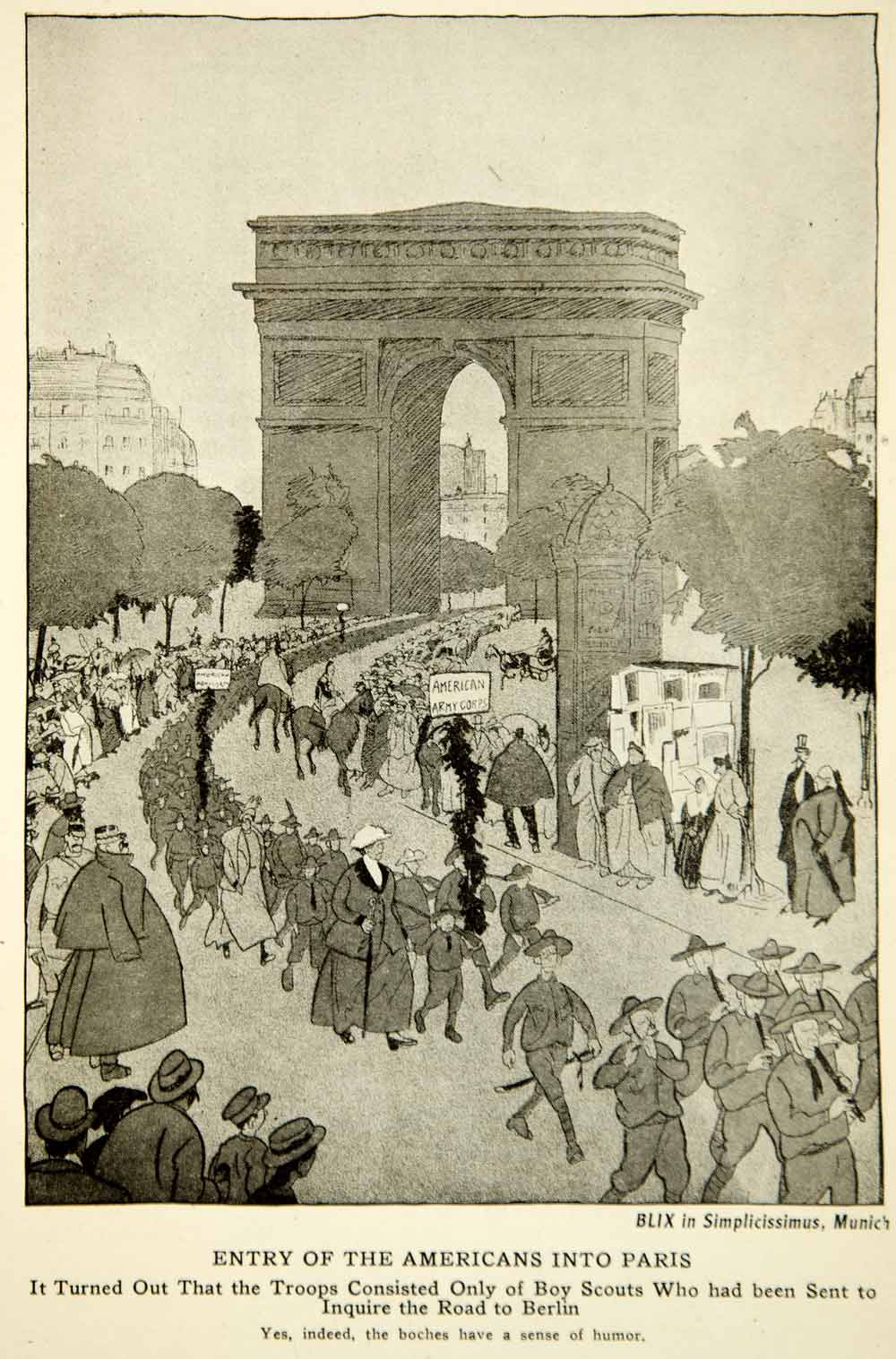 1917 Print WWI Cartoon Ragnvald Blix Simplicissimus Americans Paris Arc Triomphe