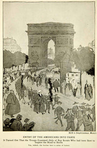 1917 Print WWI Cartoon Ragnvald Blix Simplicissimus Americans Paris Arc Triomphe