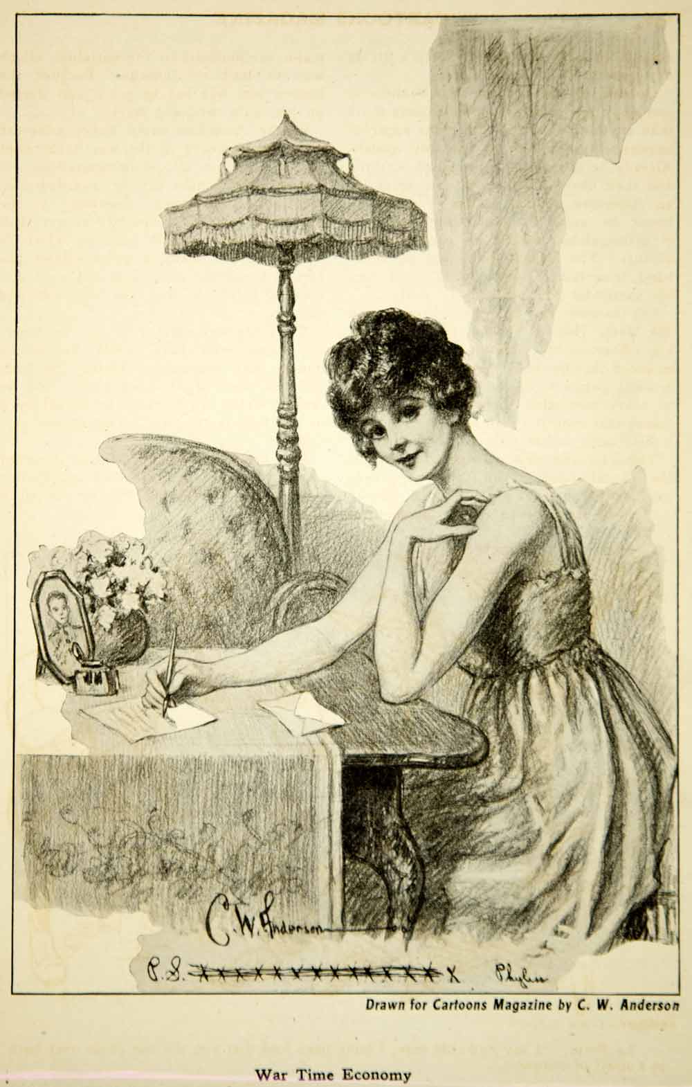 1917 Print World War I Cartoon C. W. Anderson Art Love Romance Letter Writing