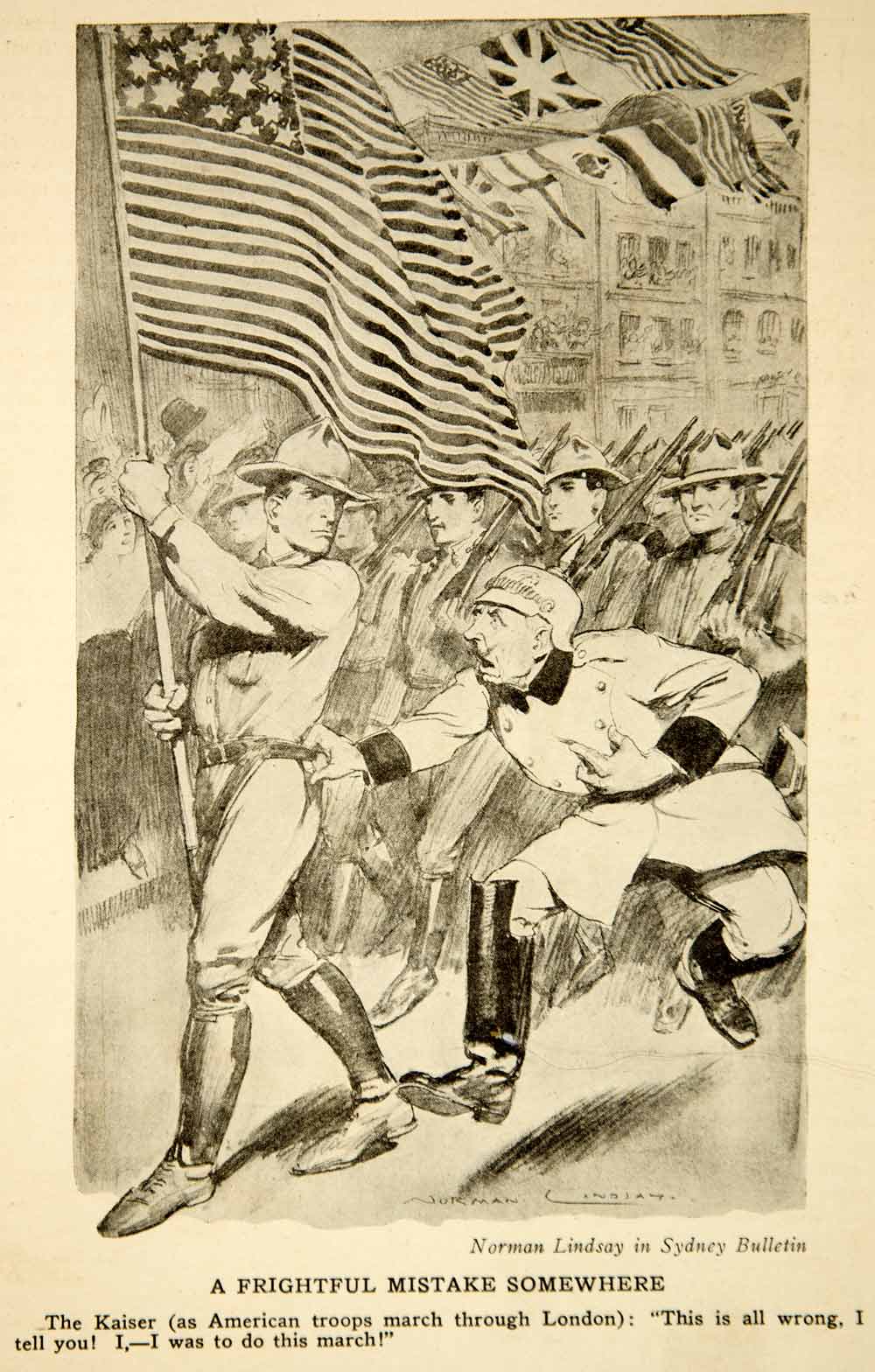 1917 Print World War I Cartoon Art Norman Lindsay American Flag Soldiers Kaiser