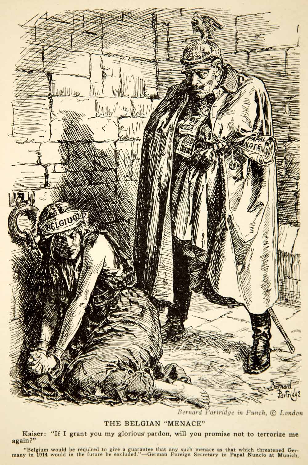 1917 Print WWI Cartoon Art Bernard Partridge Punch Kaiser Wilhelm Belgian Menace