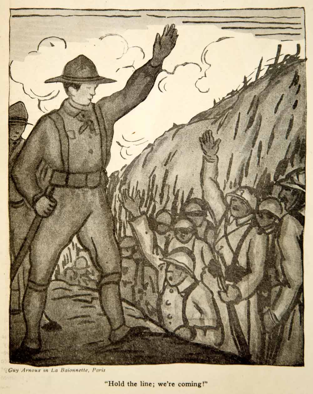 1917 Print World War I Cartoon Art Guy Arnoux La Baionnette American Soldiers